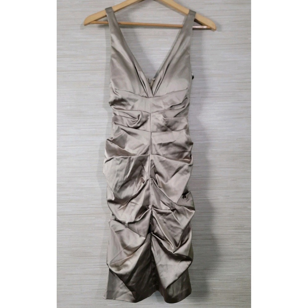 Xscape Women's Ruched Cocktail Dress‎ 6 Taupe Satin Sleeveless Bodycon NWT